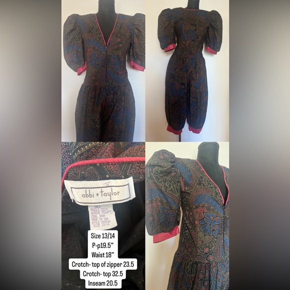 Vintage 80s/90s super rad clam digger jumpsuit amazing puff sleeves Sz Lg - Picture 2 of 11